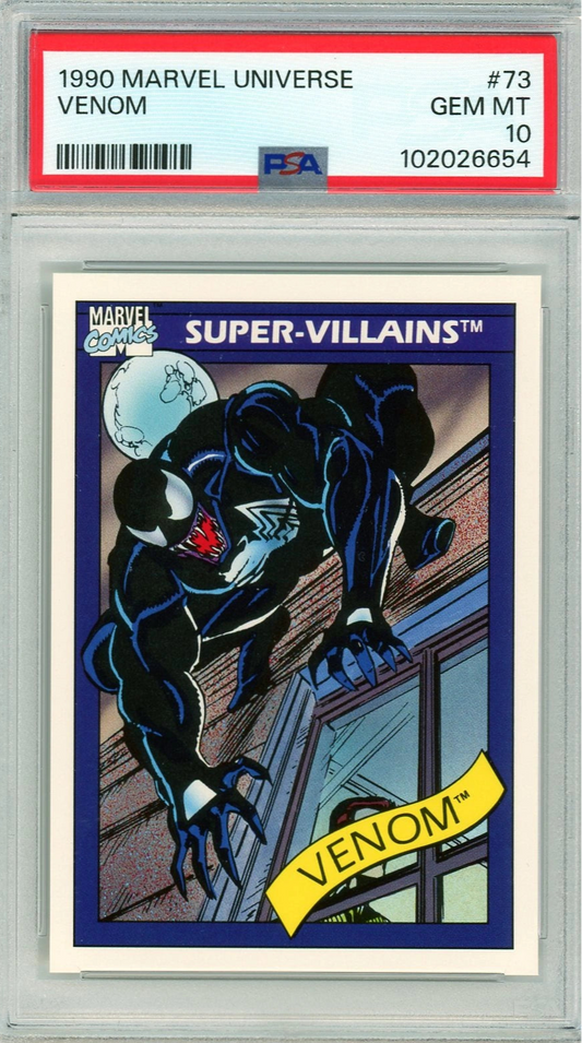  Front image of 1990 Marvel Universe Venom card #73 graded PSA 10 GEM MINT, featuring Venom in a dynamic crouch on the window.