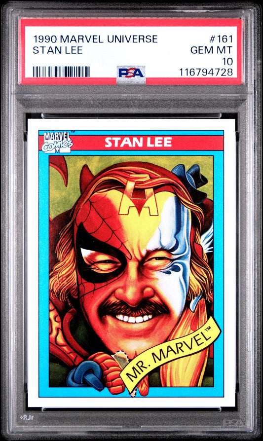 Front view of PSA slabbed 1990 Marvel Universe Stan Lee #161 “Mr. Marvel” card graded PSA 10 GEM MINT, showing vivid artwork with Marvel motifs.