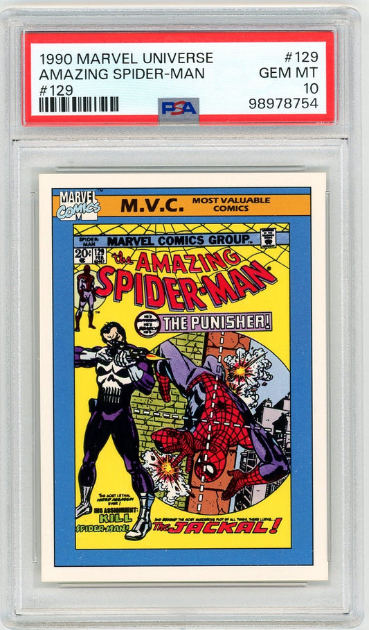 Front and back image of 1990 Marvel Universe MVC #129 Amazing Spider-Man trading card, graded PSA 10 GEM MINT