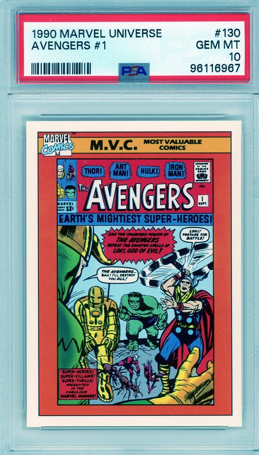 Front of 1990 Marvel Universe Avengers #1 PSA 10 GEM MT with M.V.C. comic cover featuring Thor, Hulk, Iron Man, and Loki.