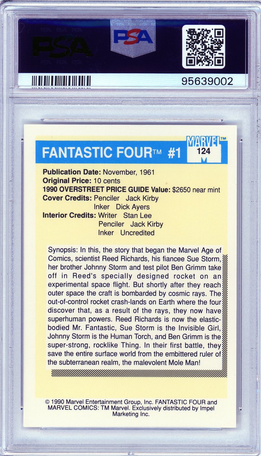 Back of PSA 10 Fantastic Four #1 card showing synopsis, creator credits, and comic history from Marvel’s 1961 debut.