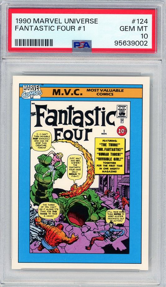 Front of 1990 Marvel Universe Fantastic Four #1 PSA 10 GEM MT featuring M.V.C. comic cover art of the original team’s debut.