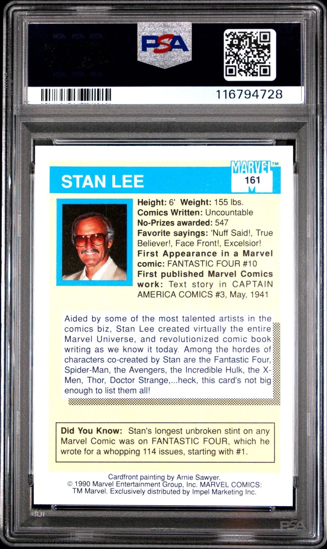 Back view of PSA slabbed 1990 Marvel Universe Stan Lee #161 card with biographical details, Marvel logo, and PSA certification number 116794728.