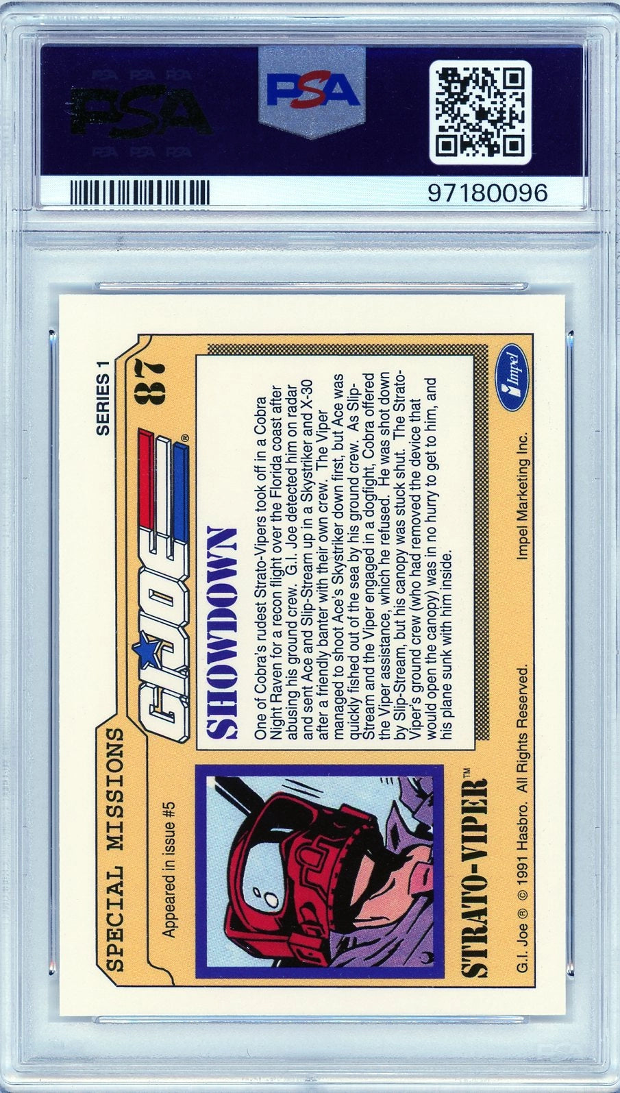 Back of 1991 G.I. Joe Showdown #87 card, PSA 10, featuring character profile of Strato-Viper and story details from the comic issue.