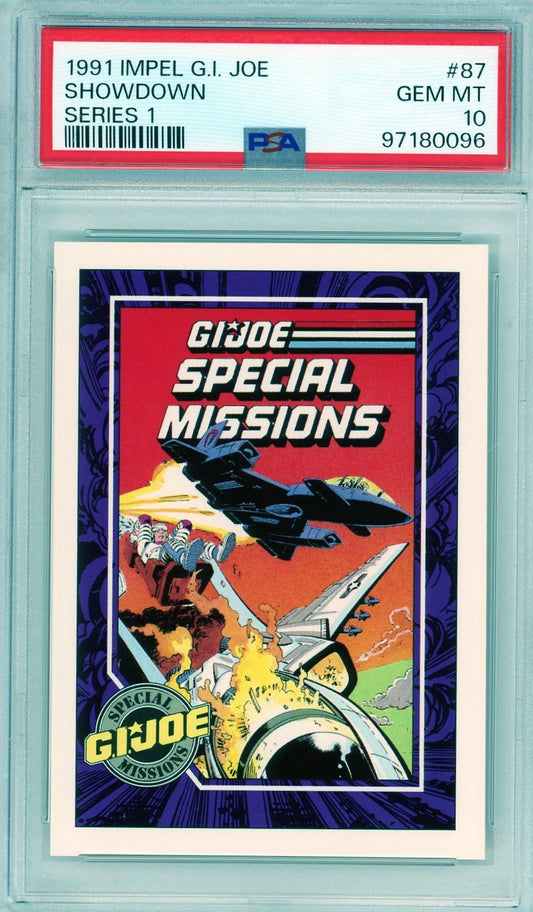 Front of 1991 Impel G.I. Joe Showdown #87 card, graded PSA 10, featuring dramatic air battle artwork with Special Missions logo.