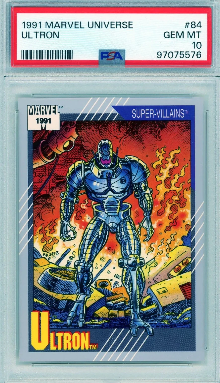 Front of 1991 Marvel Universe Ultron card with explosive comic artwork, PSA 10 GEM MINT slabbed.