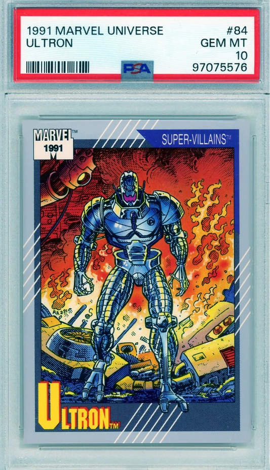 Front of 1991 Marvel Universe Ultron card with explosive comic artwork, PSA 10 GEM MINT slabbed.