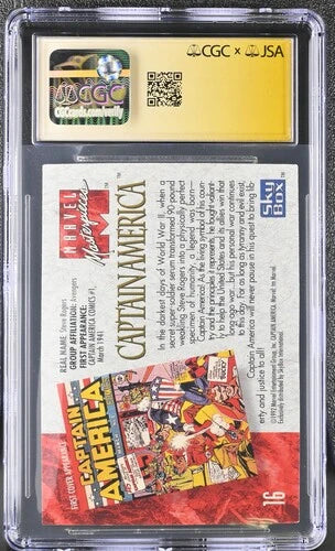 Back view of 1992 Marvel Masterpieces Captain America #16 card displayed in a CGC Signature Series holder showing authentication details and card reverse. 