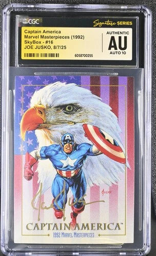 Front view of 1992 Marvel Masterpieces Captain America #16 featuring Joe Jusko artwork and autograph in a CGC Signature Series Authentic holder with Auto 10 grade.