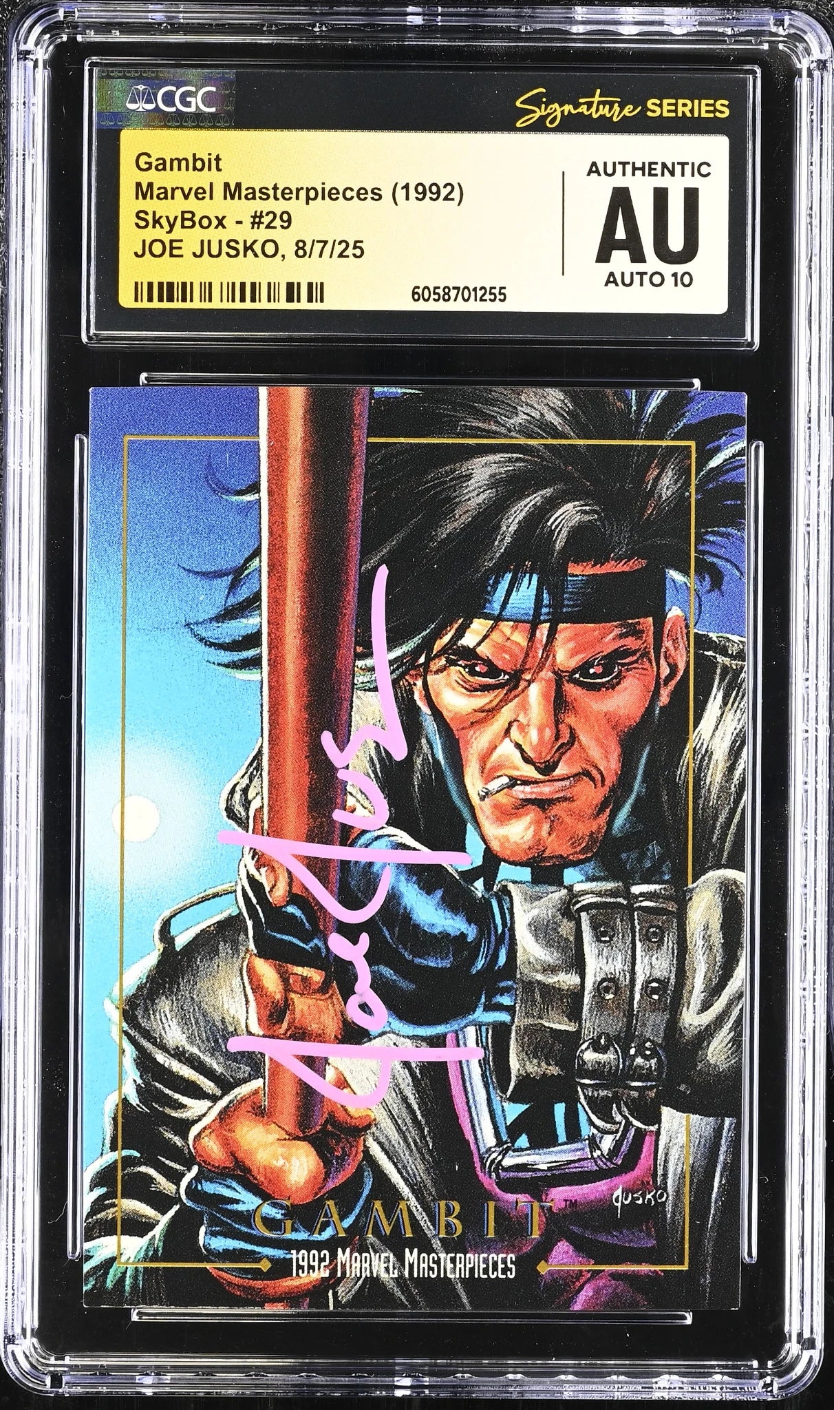 Front view of 1992 Marvel Masterpieces Gambit #29 signed by Joe Jusko and encapsulated in a CGC Signature Series holder with Auto 10 grade.