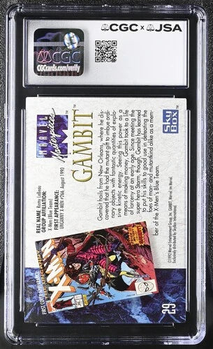 Back of 1992 Marvel Masterpieces Gambit #29 card showing character biography, artwork information, and SkyBox branding in CGC x JSA holder.