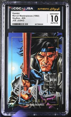 1992 Marvel Masterpieces Gambit #29 autograph card authenticated by CGC x JSA with Gem Mint 10 Auto grade featuring artwork by Joe Jusko.