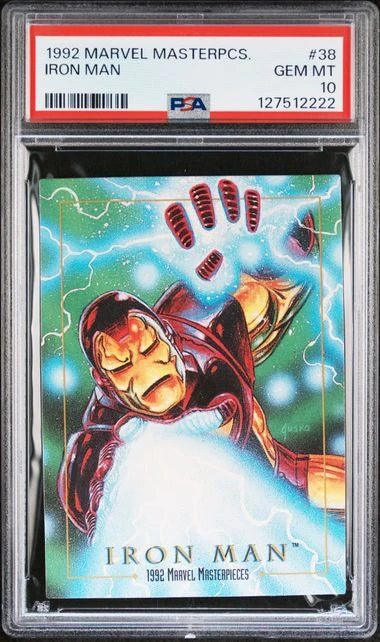 1992 Marvel Masterpieces Iron Man #38 card graded PSA 10 Gem Mint featuring Iron Man with a glowing repulsor blast and artwork by Joe Jusko.