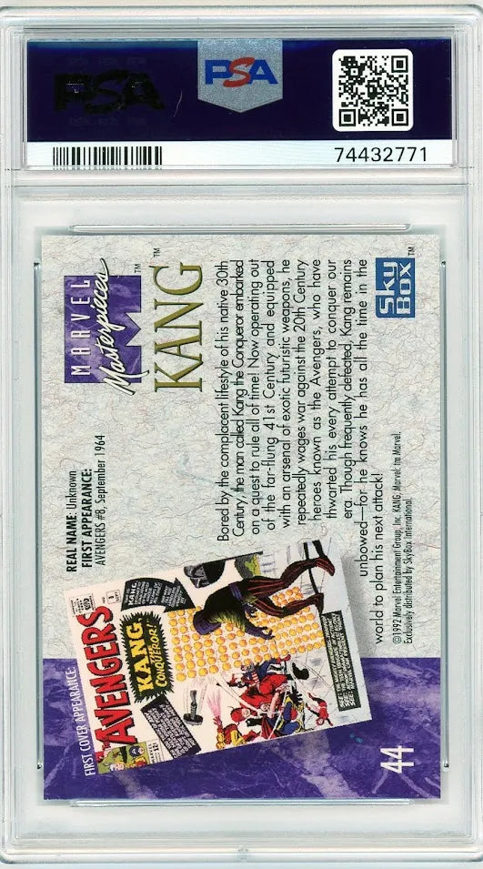  Back of Kang #44 card from 1992 Marvel Masterpieces, showcasing bio and first appearance in Avengers #8.