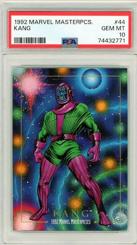 PSA 10 graded front of 1992 Marvel Masterpieces #44 Kang card with bold cosmic artwork.