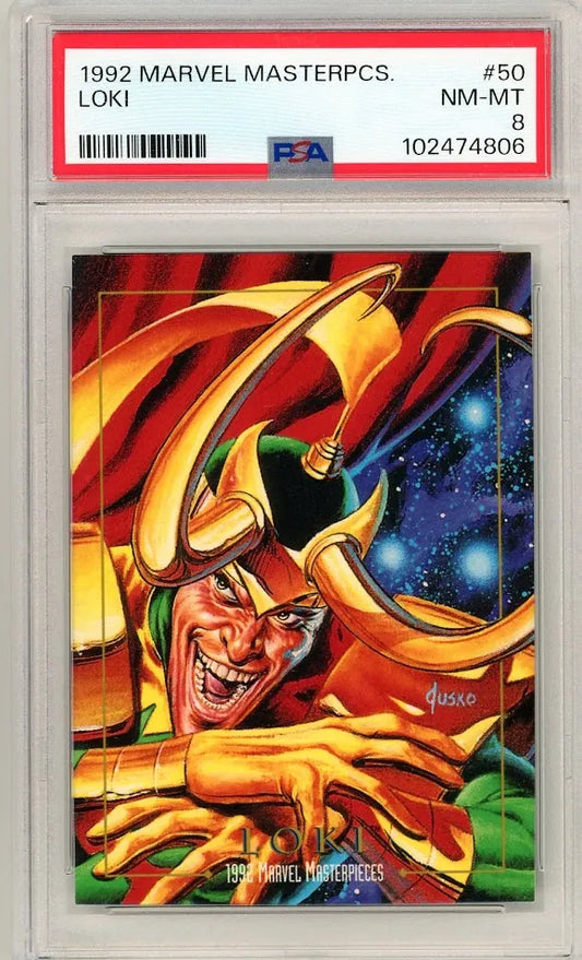 PSA 8 graded front of 1992 Marvel Masterpieces #50 Loki card featuring vivid Joe Jusko artwork of the iconic villain.