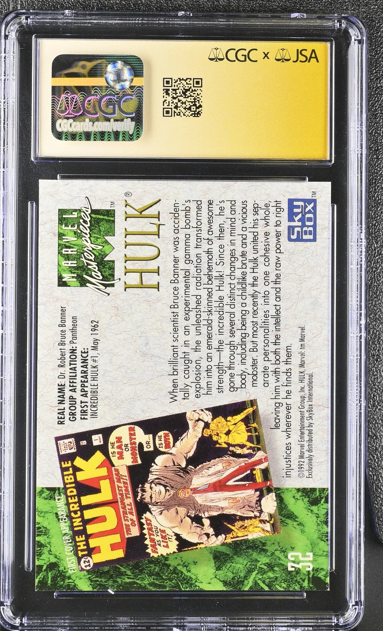 Back view of a 1992 Marvel Masterpieces Hulk #32 trading card signed by Joe Jusko and authenticated by CGC Signature Series. The reverse displays Hulk character information, first appearance details, and certification information within the CGC holder.