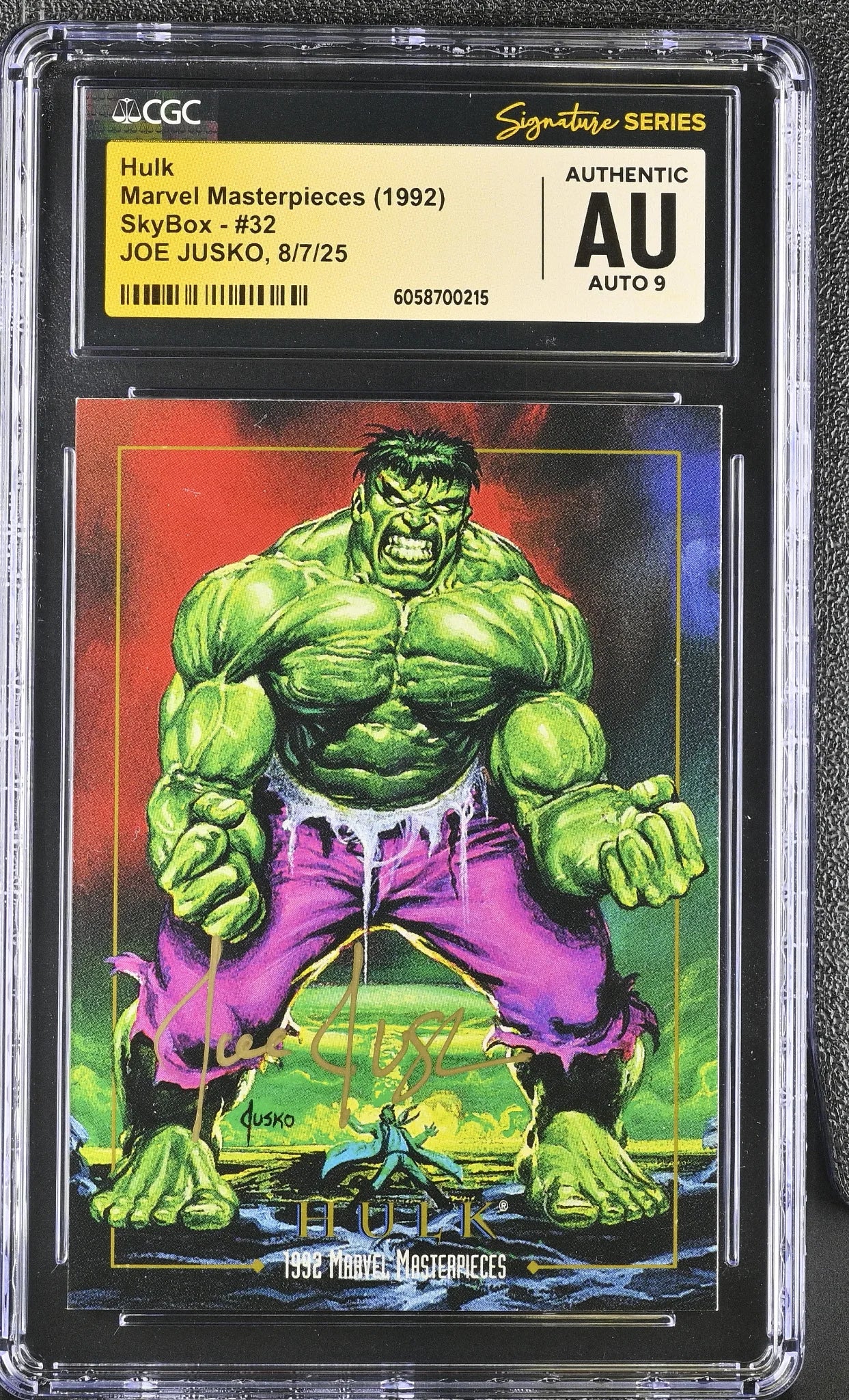 Front view of a 1992 Marvel Masterpieces Hulk #32 trading card featuring classic Joe Jusko artwork of the Hulk. The card is signed in gold ink by Joe Jusko and encapsulated in a CGC Signature Series holder with Authentic designation and Auto Grade 9.