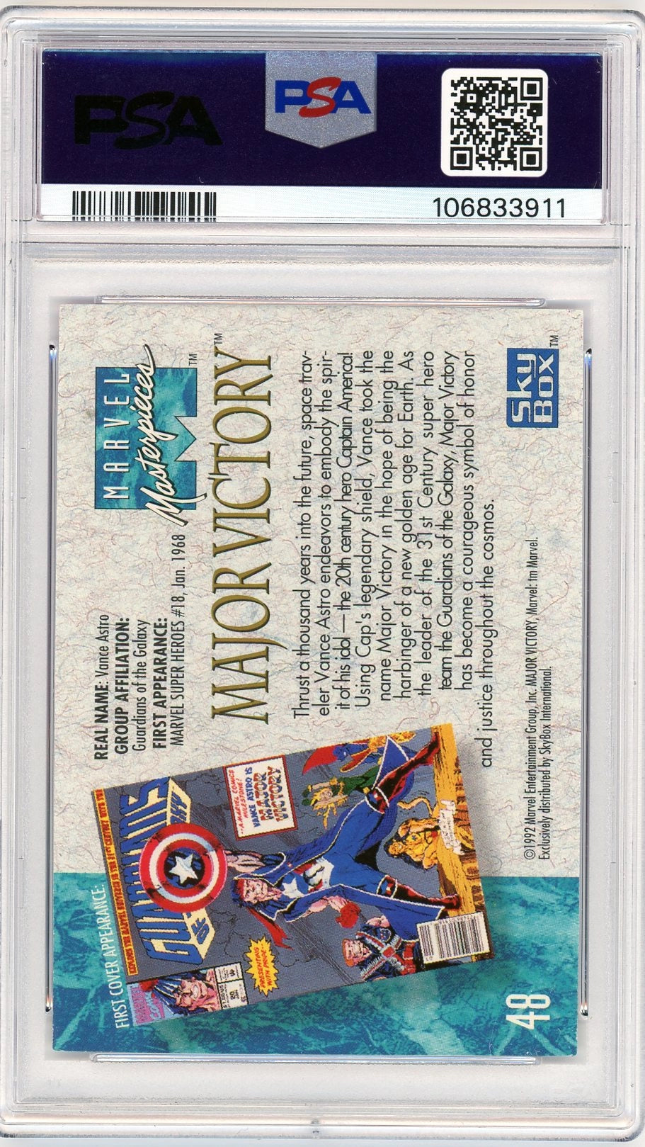 Back of 1992 Marvel Masterpieces #48 Major Victory PSA 9, featuring character bio, comic cover.