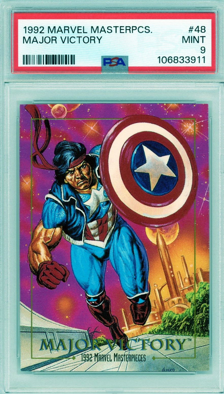 Front of 1992 Marvel Masterpieces #48 Major Victory card graded PSA 9, showing bold artwork with shield and cosmic background.