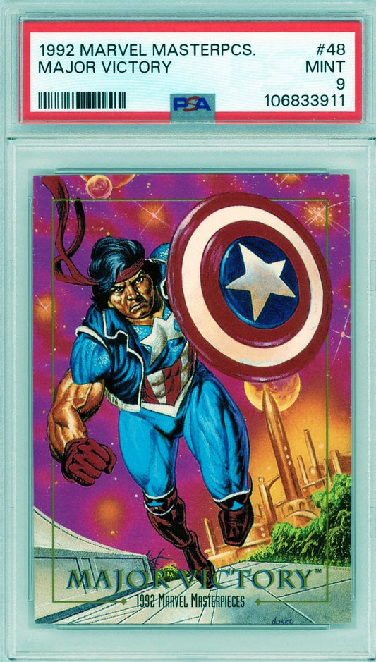 Front of 1992 Marvel Masterpieces #48 Major Victory card graded PSA 9, showing bold artwork with shield and cosmic background.