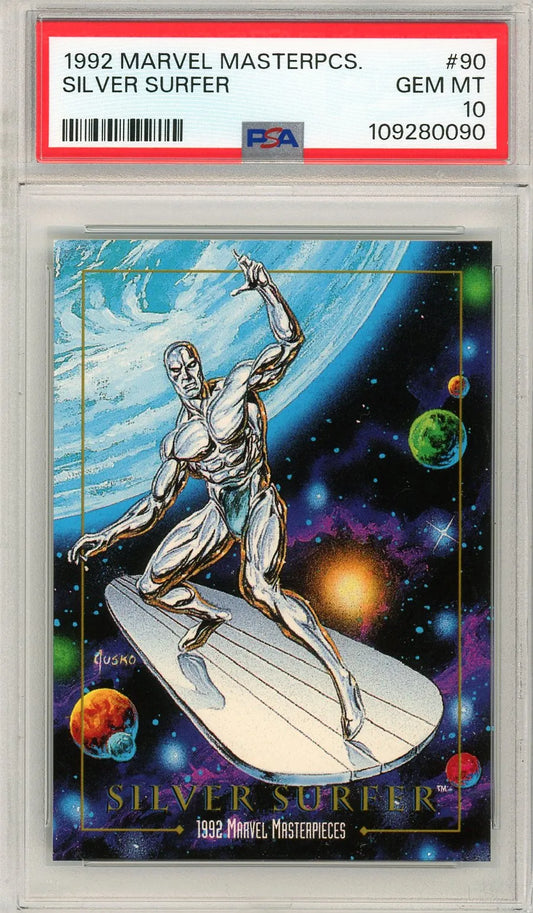 Front of 1992 Marvel Masterpieces Silver Surfer #90 graded PSA 10, showing Silver Surfer in space with vibrant artwork by Joe Jusko.