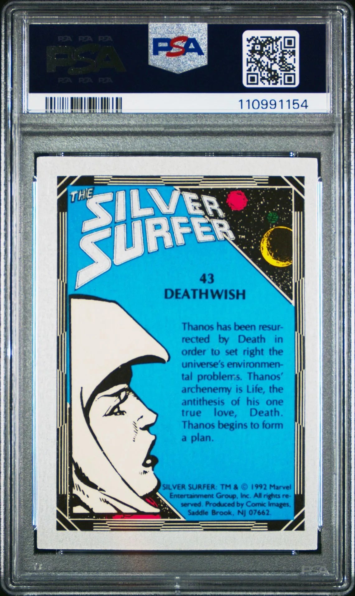 Back of the 1992 Silver Surfer "Deathwish" #43 card, detailing Thanos' resurrection by Death and his cosmic motives. Includes vintage Marvel graphic styling and character profile. Part of the Comic Images Marvel set.