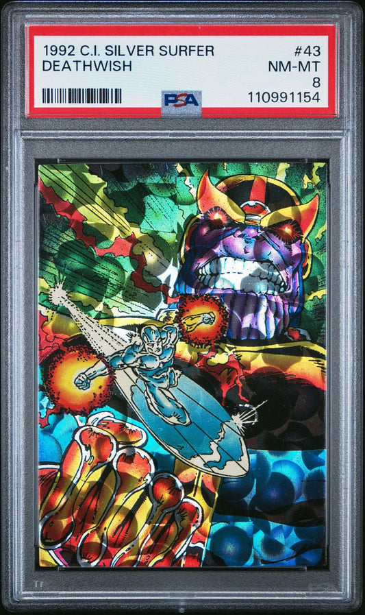 Front of the 1992 Comic Images Silver Surfer "Deathwish" card #43, featuring Silver Surfer rocketing toward a looming, enraged Thanos in a multicolored foil cosmic battle scene. Back of the card includes a profile of Thanos and a storyline summary involving his resurrection by Death. Graded PSA 8.