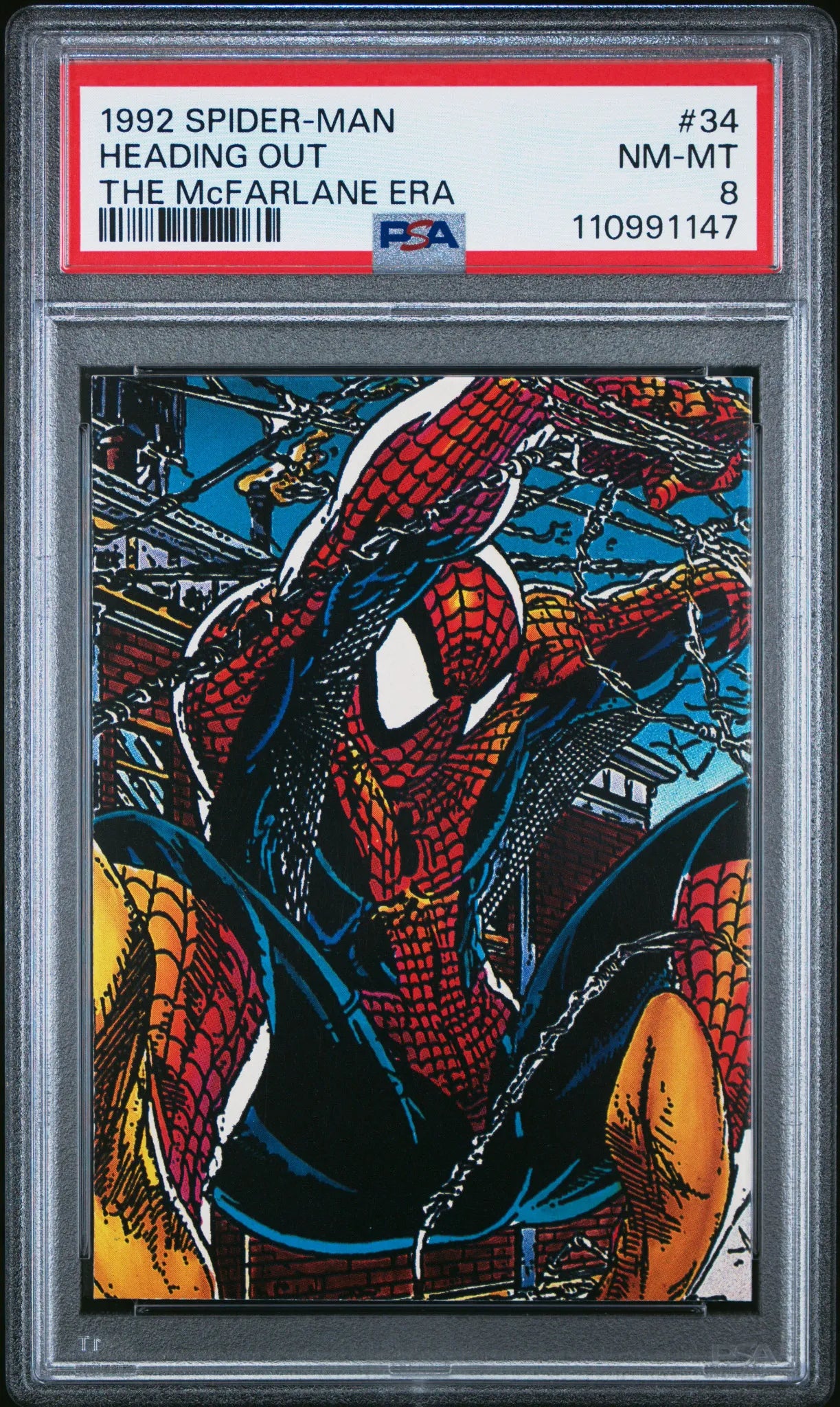 Front  of 1992 Spider-Man Heading Out #34 PSA 8 trading card graded by PSA.