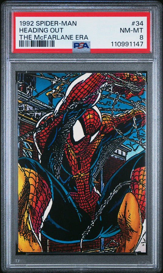 Front  of 1992 Spider-Man Heading Out #34 PSA 8 trading card graded by PSA.