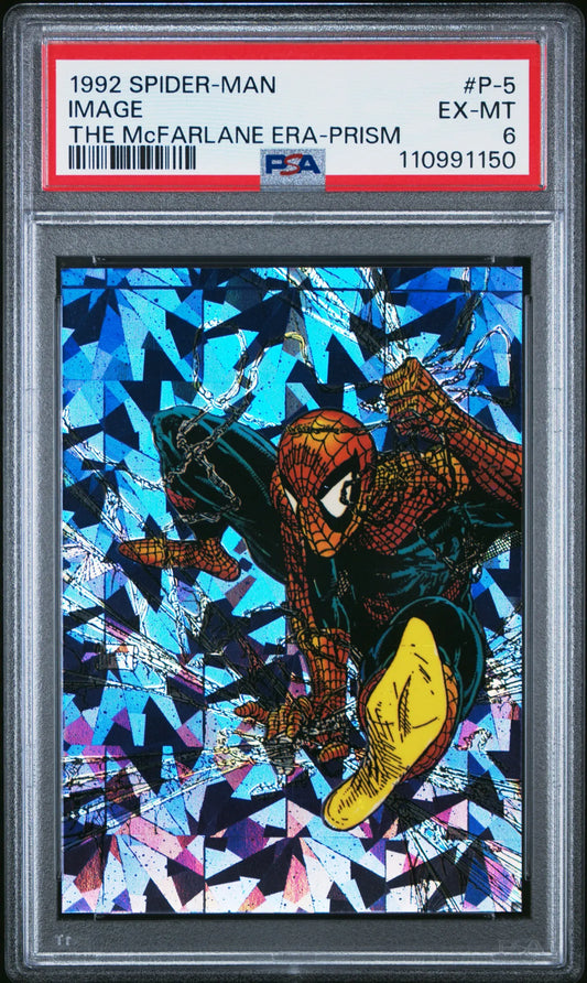 Front of 1992 Spider-Man McFarlane Prism P-5 PSA 6 trading card graded by PSA.