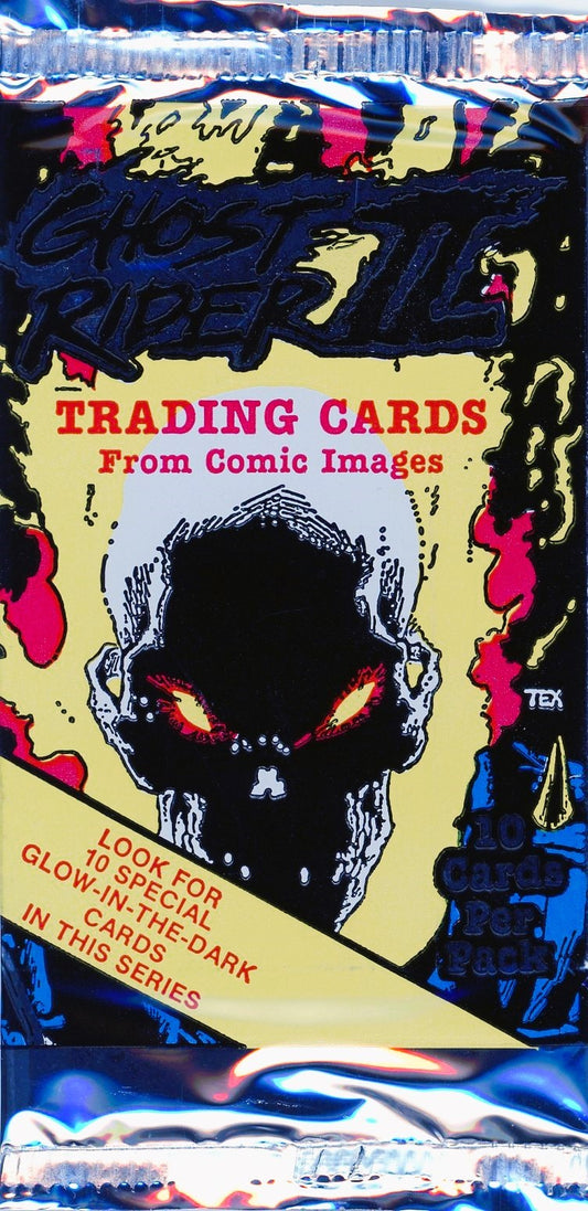 1992 Ghost Rider trading card pack sealed in original packaging featuring Marvel's iconic anti-hero with dynamic artwork and glow-in-the-dark card chase