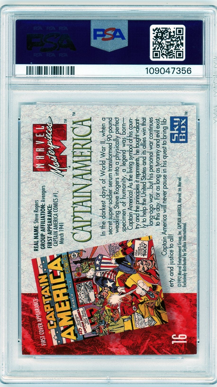 Captain America comic book origin and cover history, 1992 Marvel Masterpieces PSA graded back view