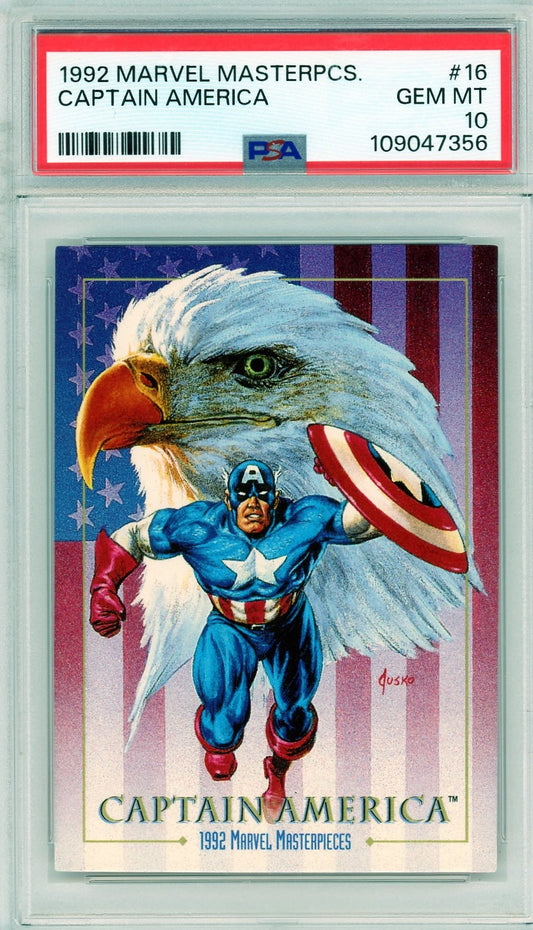 Captain America card from 1992 Marvel Masterpieces graded PSA 10, with patriotic eagle and flag background.