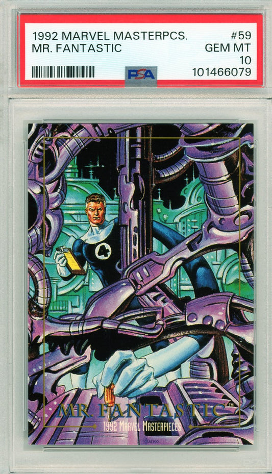 Front image of 1992 Marvel Masterpieces #59 Mr. Fantastic card, graded PSA 10 Gem Mint.