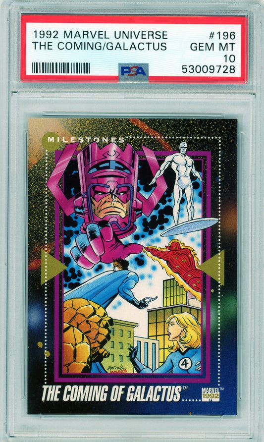 Front of PSA 10 Marvel Universe card #196 featuring Galactus and Fantastic Four