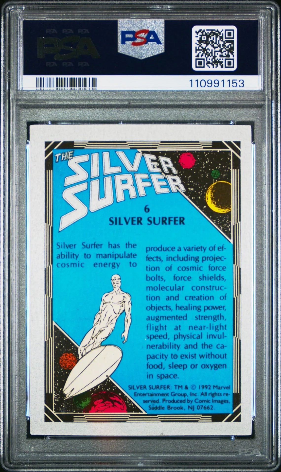 Back of 1992 Comic Images Silver Surfer #6 trading card, graded PSA 8 Near Mint-Mint, showcasing the hero’s cosmic energy.