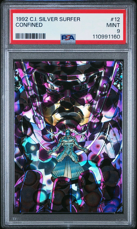 Front of 1992 Comic Images Silver Surfer #12 "Confined" trading card featuring Galactus, graded PSA 9 Mint by PSA.