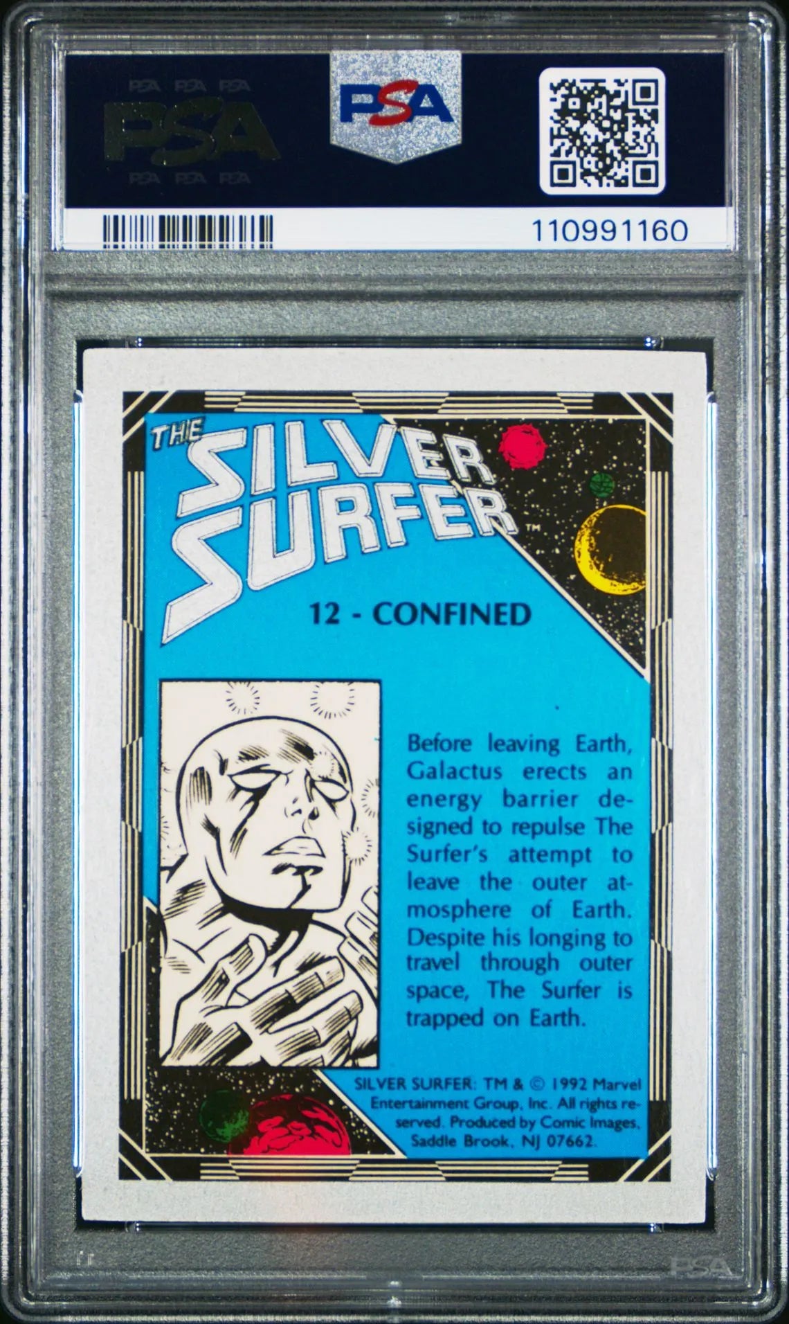 Back of 1992 Comic Images Silver Surfer #12 "Confined" trading card featuring Galactus, graded PSA 9 Mint by PSA.