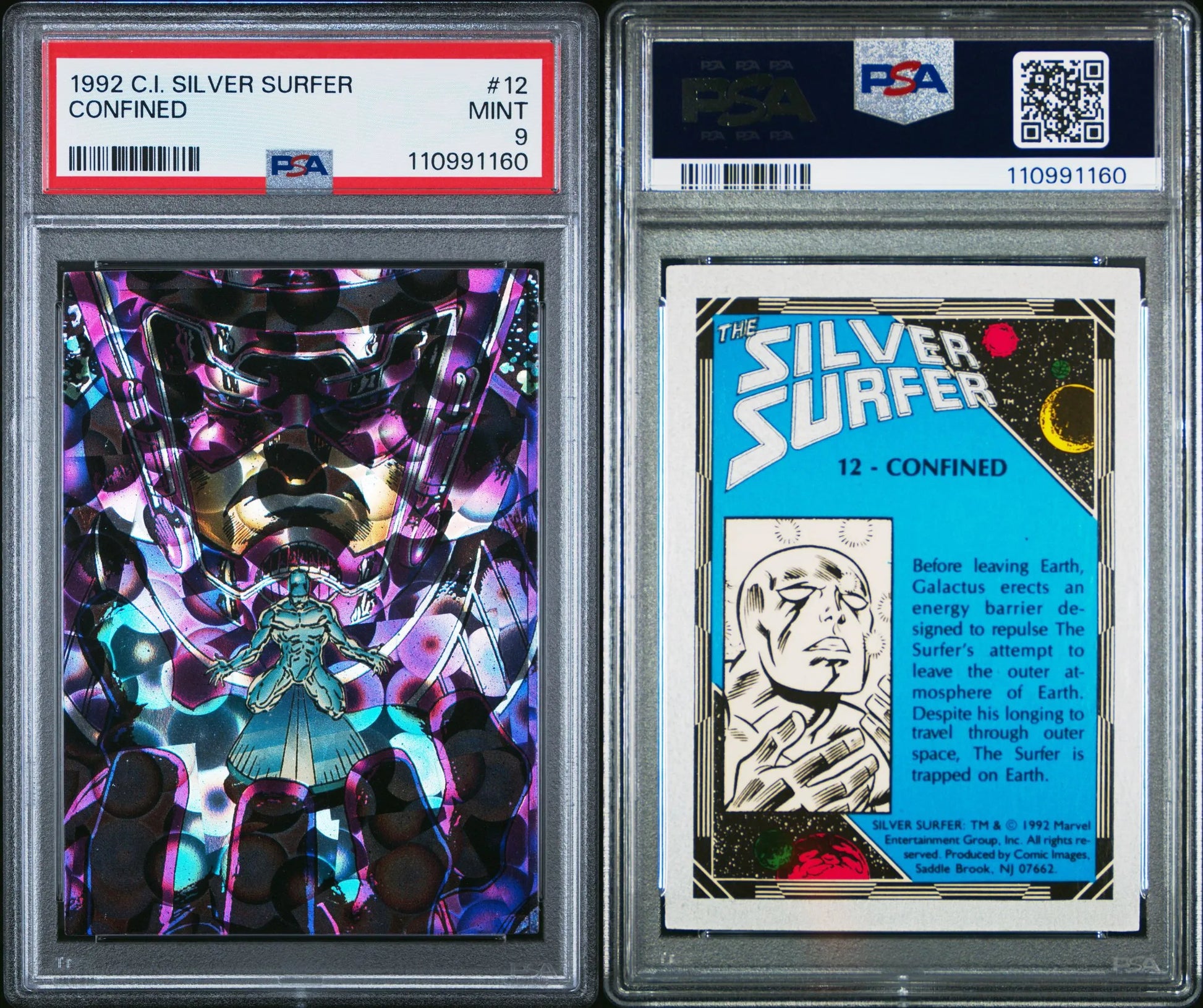 Front and back of 1992 Comic Images Silver Surfer #12 "Confined" trading card featuring Galactus, graded PSA 9 Mint by PSA.