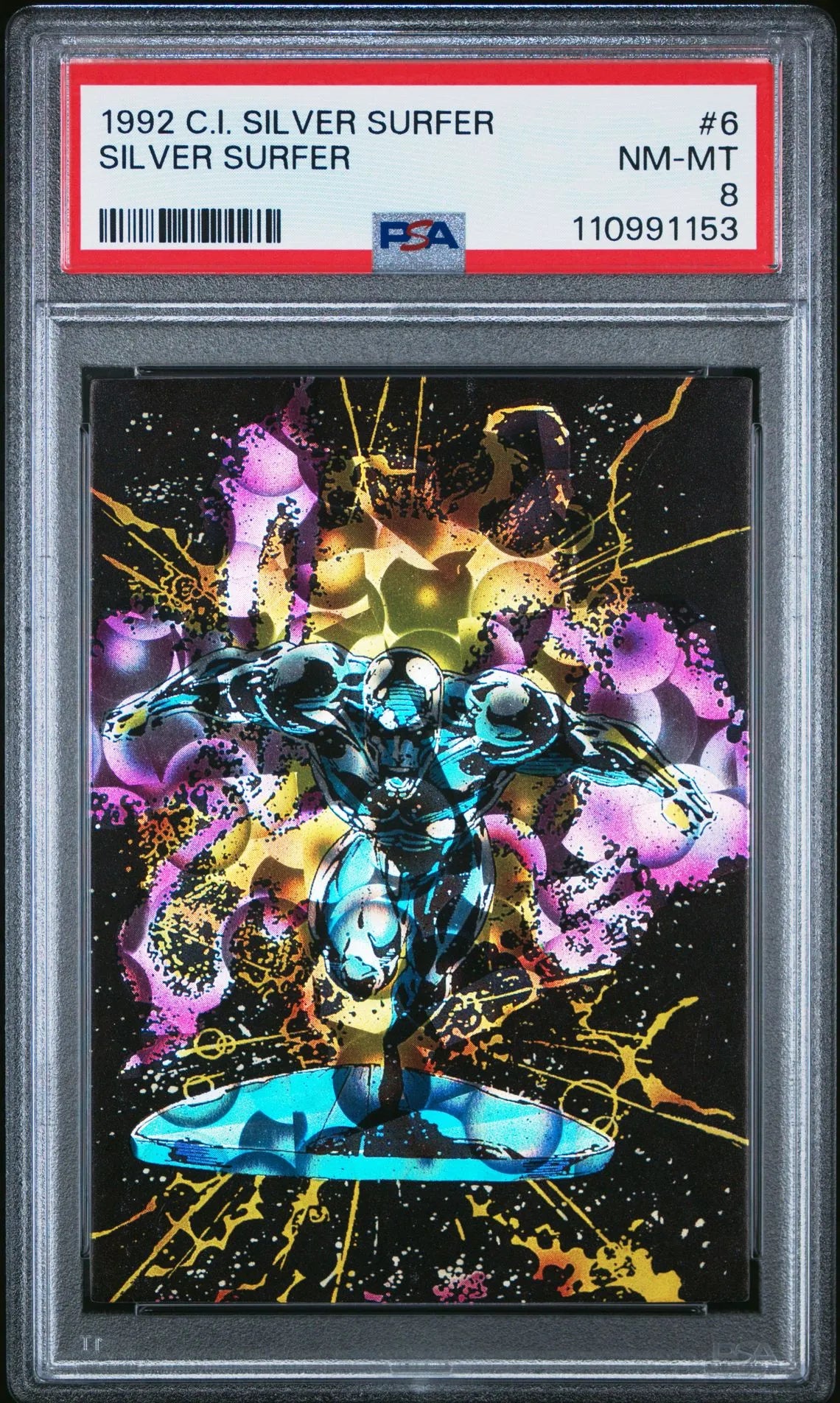 Front of 1992 Comic Images Silver Surfer #12 "Confined" trading card featuring Galactus, graded PSA 9 Mint by PSA.