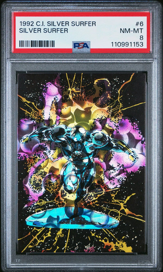 Front of 1992 Comic Images Silver Surfer #12 "Confined" trading card featuring Galactus, graded PSA 9 Mint by PSA.