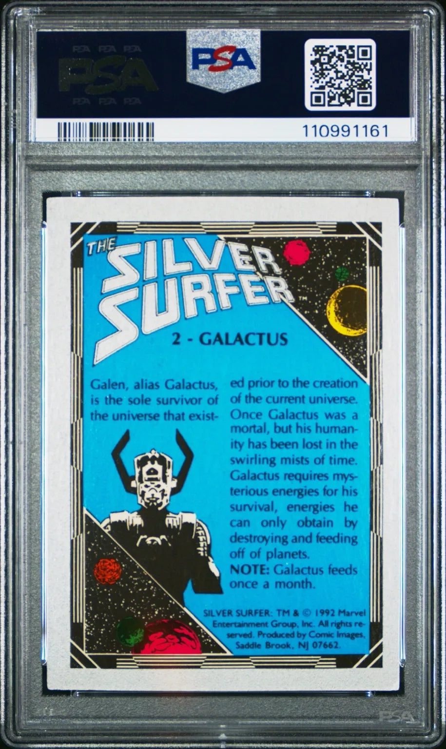 Close-up of the back of the 1992 Silver Surfer #2 Galactus card, highlighting the character biography, printed details, and vibrant cosmic design.