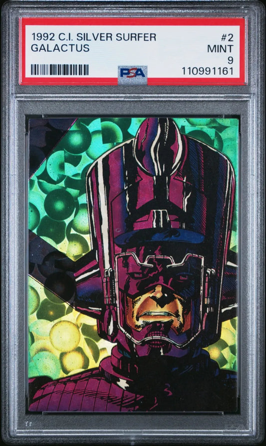 Close-up of the front artwork from the 1992 Comic Images Silver Surfer Galactus card, featuring bold colors and foil detail, PSA 9 slab.