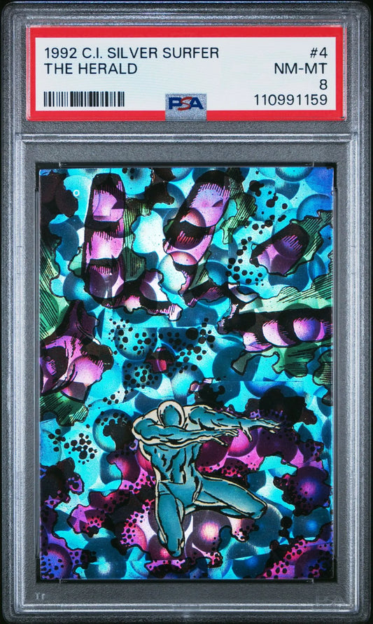 Front of 1992 Comic Images Silver Surfer #4 "The Herald" card, PSA 8 NM-MT, depicting his origin as Galactus’ herald.