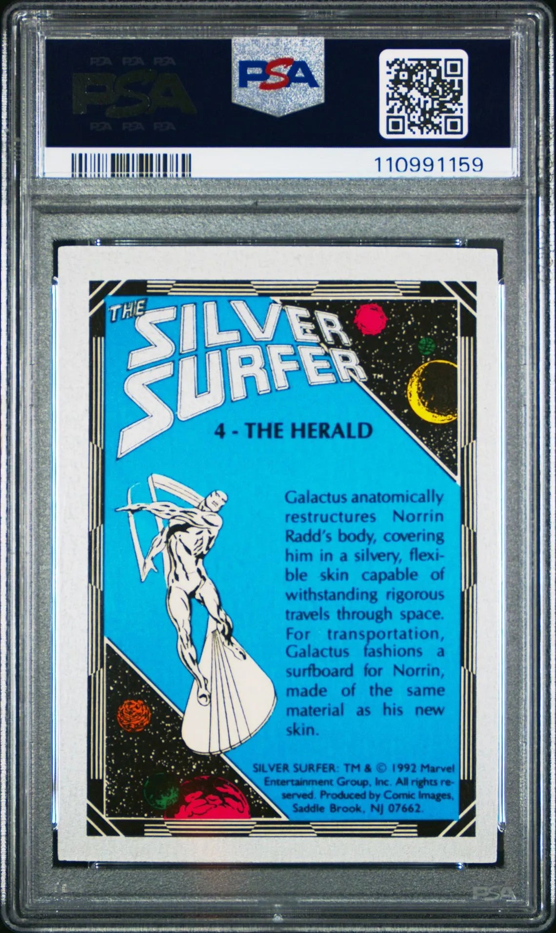 Back of 1992 Comic Images Silver Surfer #4 "The Herald" card, PSA 8 NM-MT, depicting his origin as Galactus’ herald.