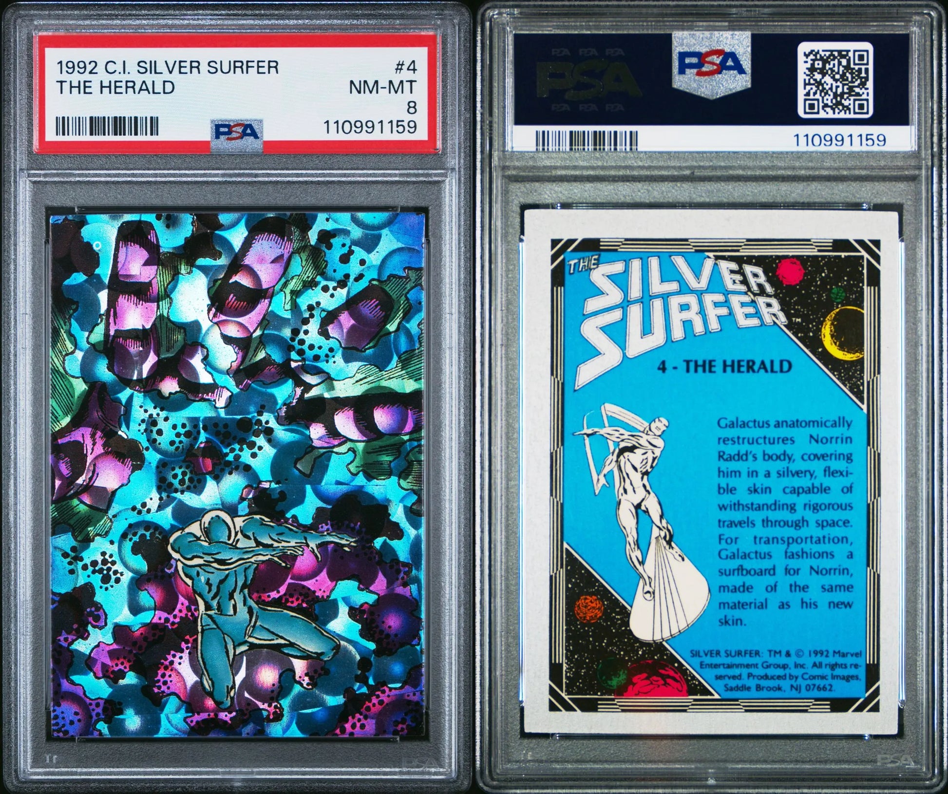 Front and back of 1992 Comic Images Silver Surfer #4 "The Herald" card, PSA 8 NM-MT, depicting his origin as Galactus’ herald.