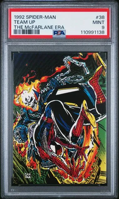 Front of 1992 Spider-Man “Team Up” #38 trading card graded PSA 9, featuring Ghost Rider in flaming battle scene.