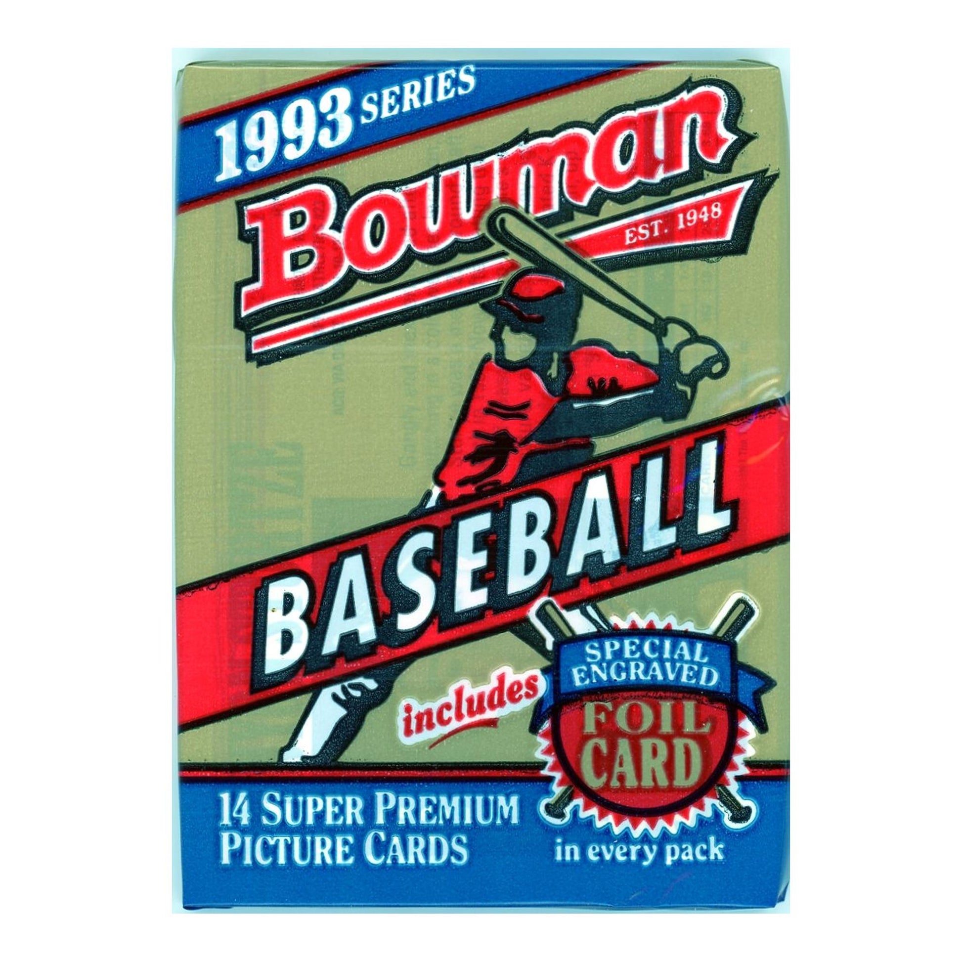 Vintage 1993 Bowman Baseball trading card pack sealed with 14 super premium picture cards. Features special foil card in every pack.