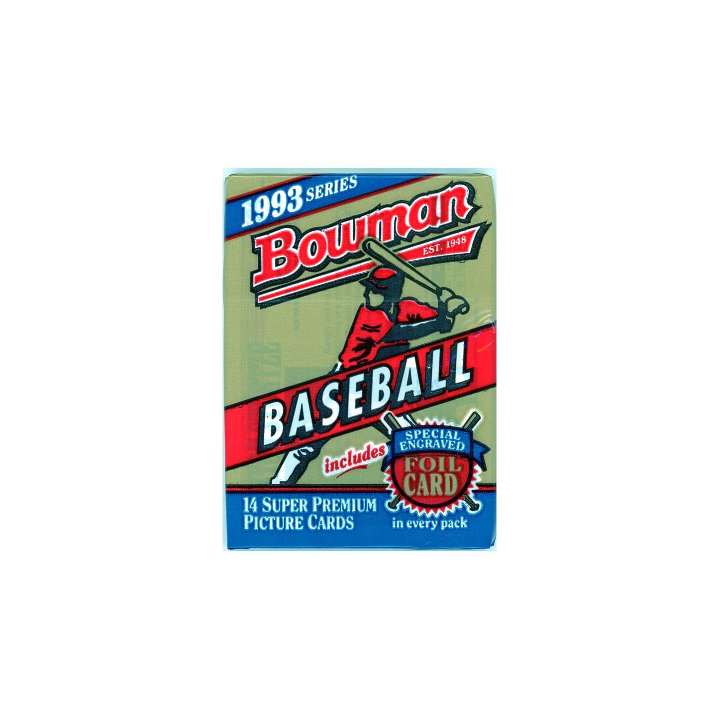 Vintage 1993 Bowman Baseball trading card pack sealed with 14 super premium picture cards. Features special foil card in every pack.